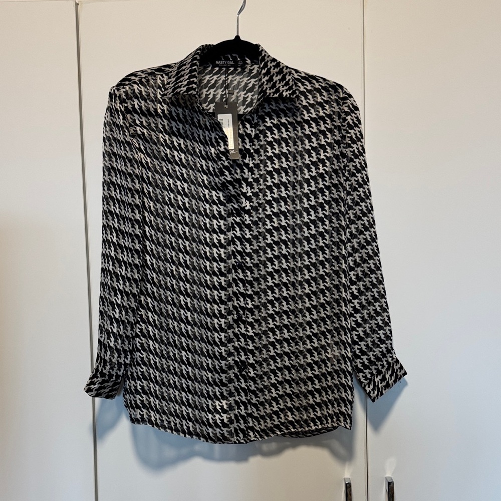 Nasty Gal Monochrome Houndstooth Sheer Shirt
